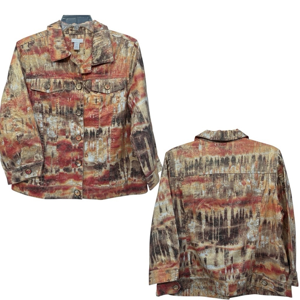 Chico’s 1 Medium Abstract Print Jacket Linen Cotton Blend Fall Colors